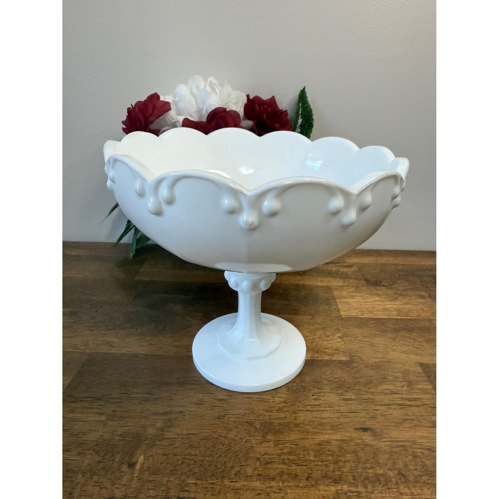 Vintage Milk Glass Pedestal Compote Bowl Scalloped Edge‎ Teardrop MCM White